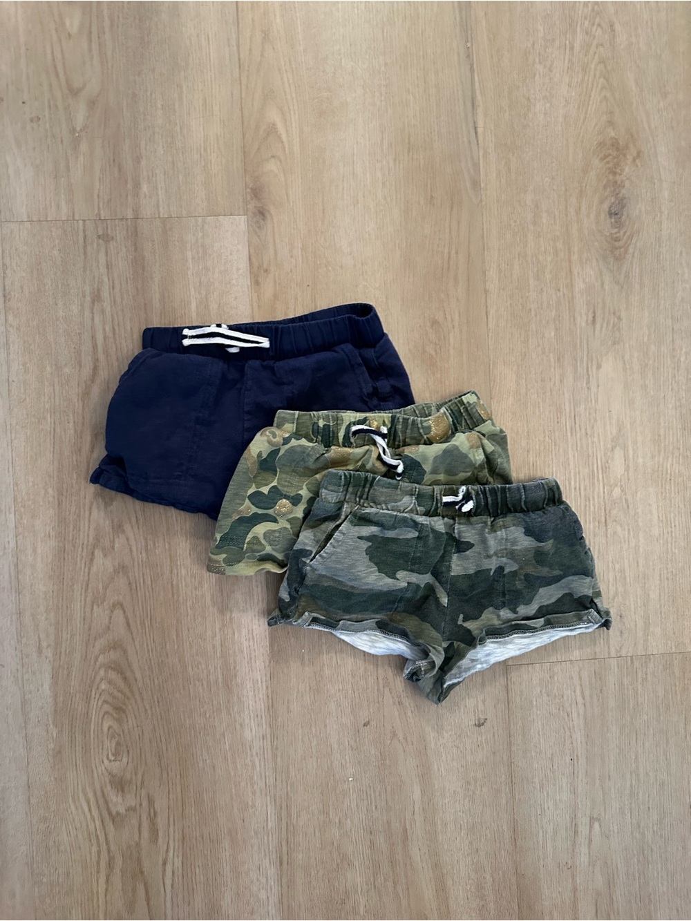Kids Cotton Drawstring Shorts - Navy and Camo lot of 3